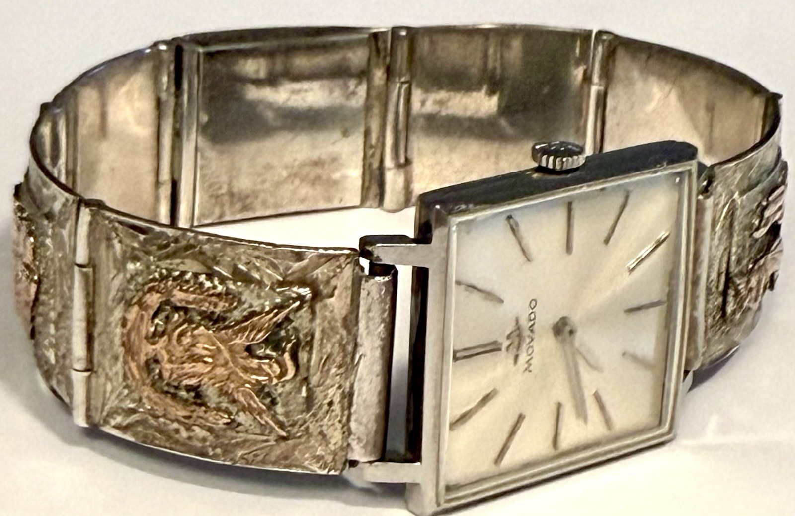 Vintage MOVADO 26mm Square| 925 Silver AZTEC & MAYAN Symbols 7.0″ Bracelet Watch