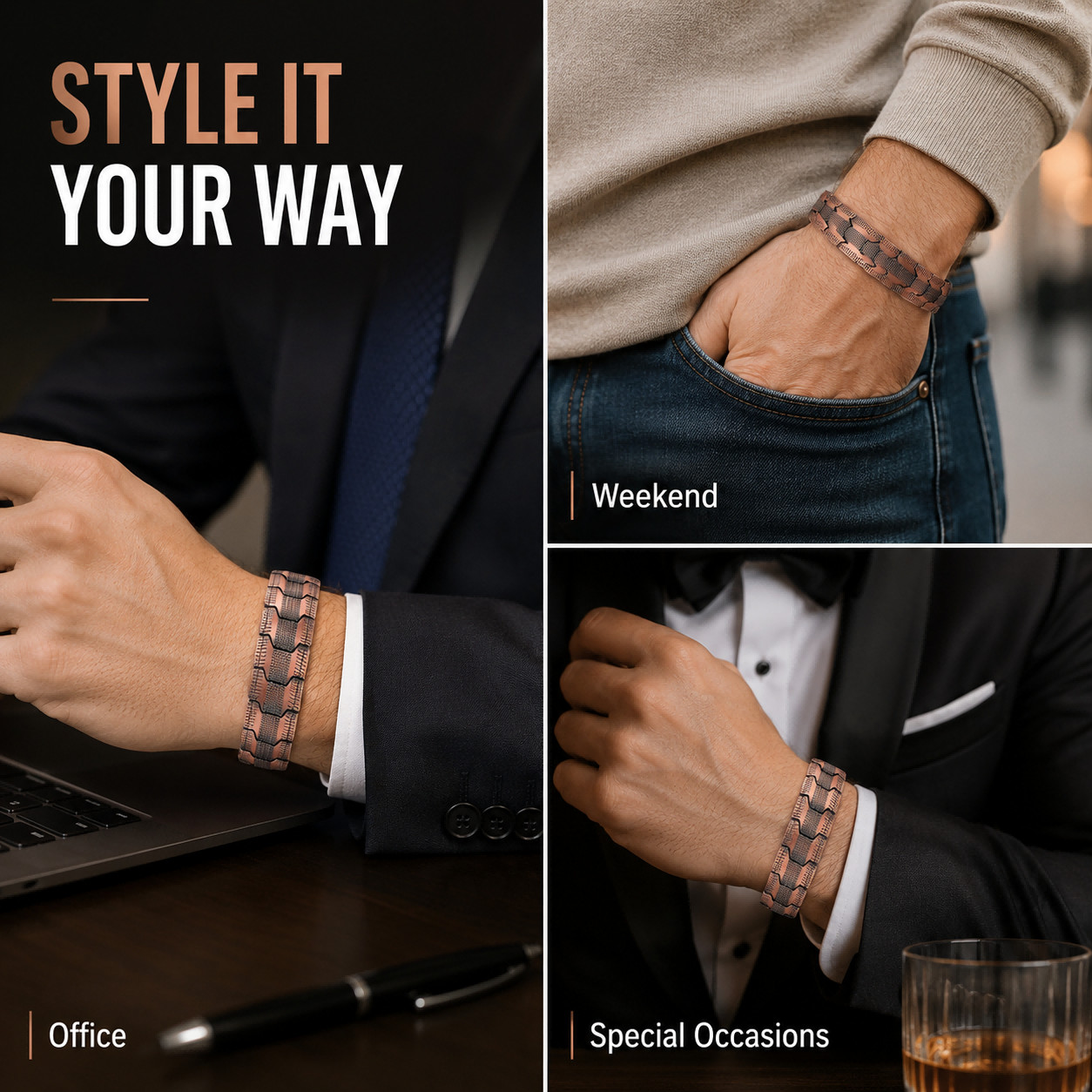 Elegant Copper-Tone Magnetic Bracelet for Men Adjustable Pain Relief Arthritis