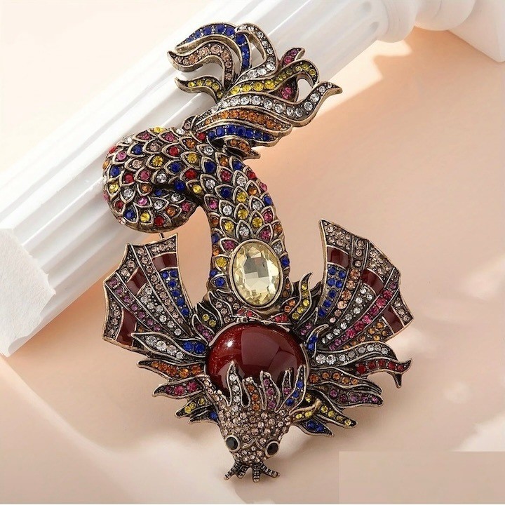 Heidi Daus Koi Fish Multicolor Rhinestones on Gold Tone Brooch Pin Extra Large