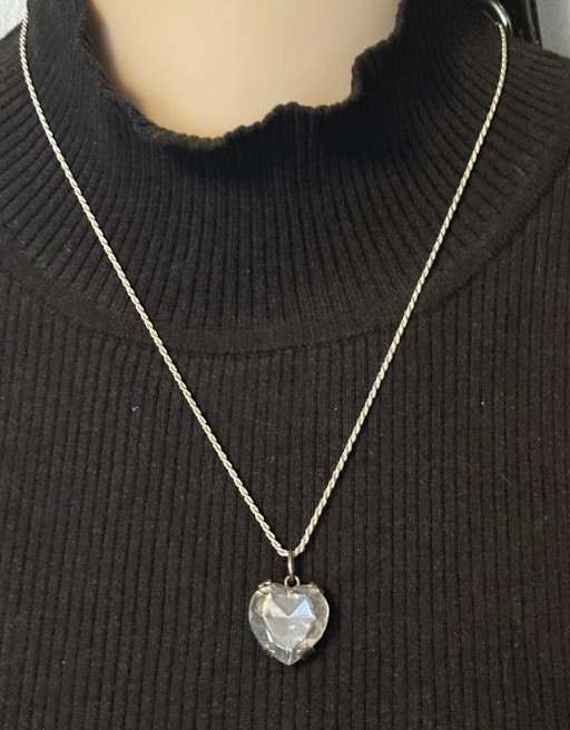 1970s Vintage Silver Tone Heart Crystal Pendant Necklace, Signed TONIC