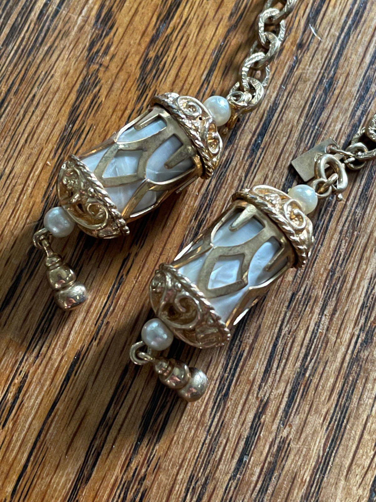 Vintage 60s Signed Emmons Magic Lantern Necklace Faux Mother of Pearl Dangles