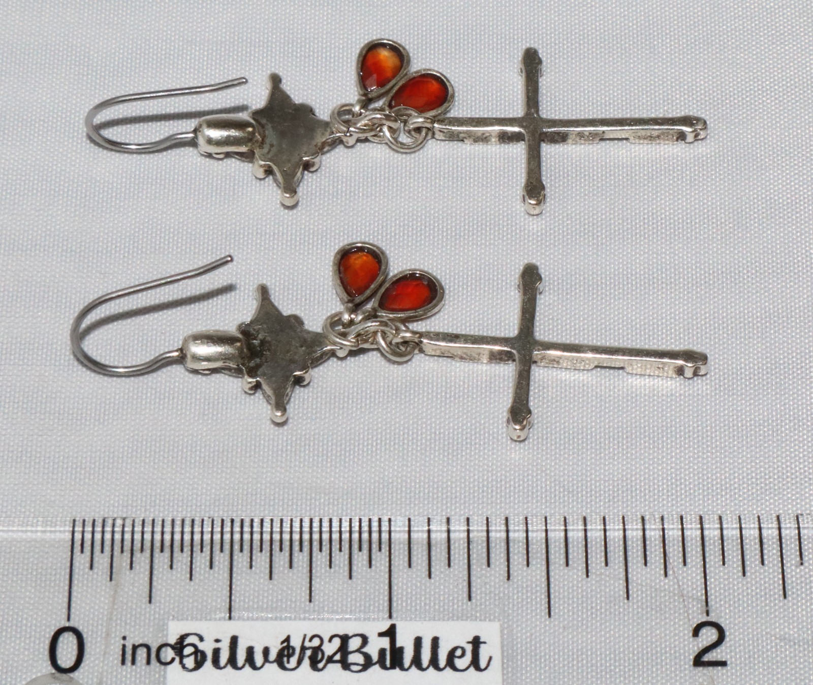 Sterling Silver Blue Enamel Cross Amber Stone Dangle Earrings