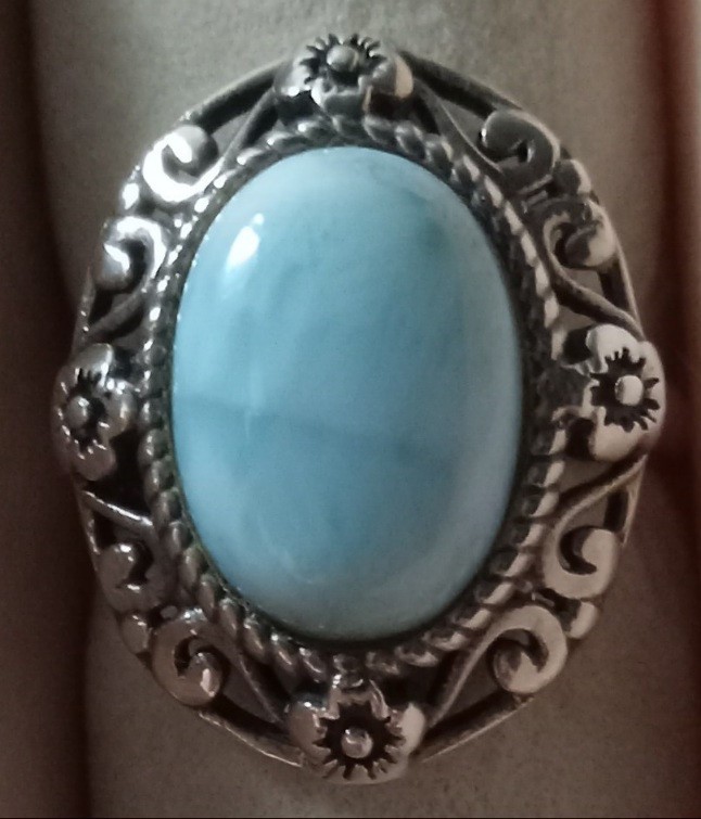 4X10MM OVAL CABOCHON LARIMAR STERLING SILVER RING SIZE 7