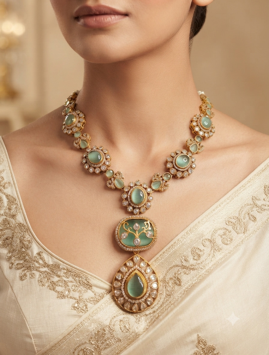 Hadiya Indian Mint Green Stone Necklace Set with Antique Gold Finish Roz Jewelle