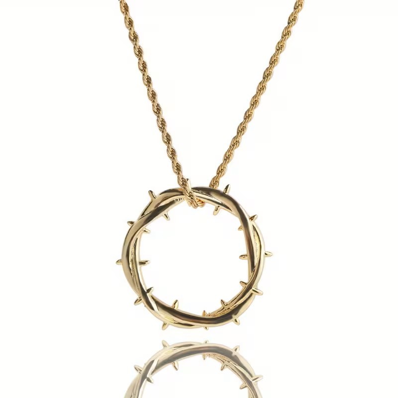 Gold Jesus Crown of Thorns Pendant Necklace Christian Faith Cross Chain Charm