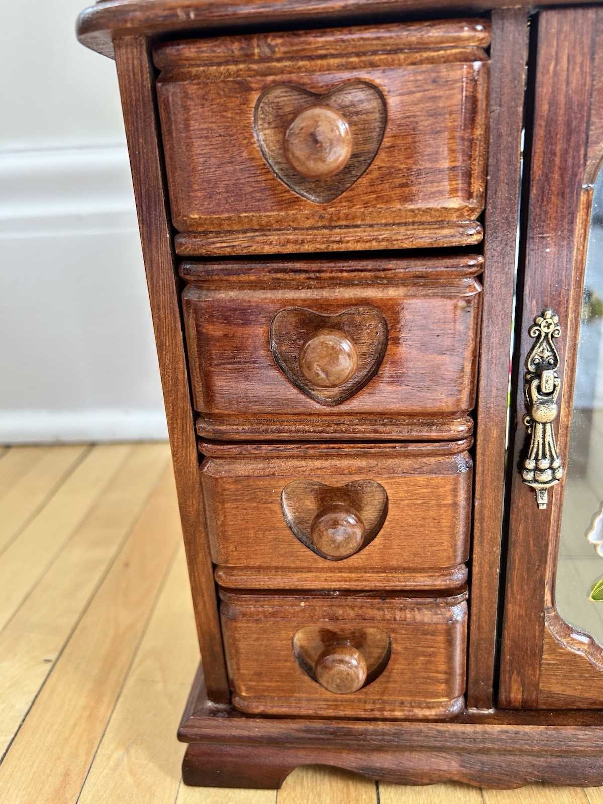 Vtg Wooden Jewelry Box Stained Floral Glass Door Mirrored With 5 Drawers