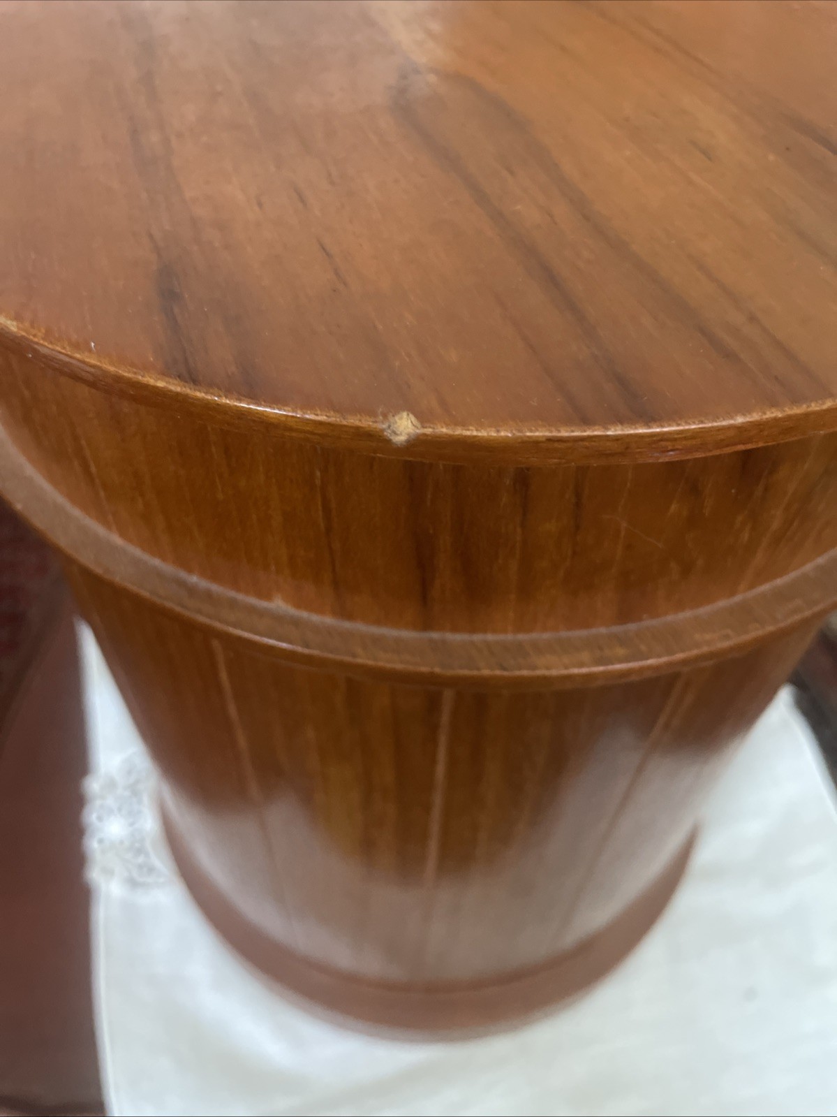MCM round Wooden jewelry chest table top armoire W/ 5 Drawers And Mirror