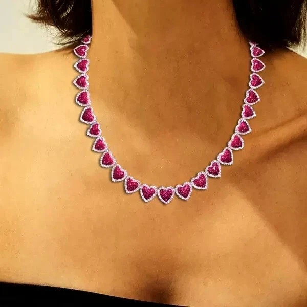 15 Ctw Lab-Created Ruby & Diamond Tennis Heart Women’s Necklace 14K Gold Plated!