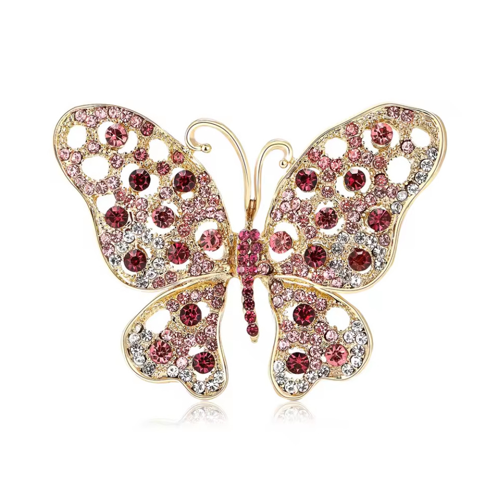 Sparkly Pink Crystal Butterfly Brooch Pin Rhinestone Gold Tone Insect Jewelry Gi