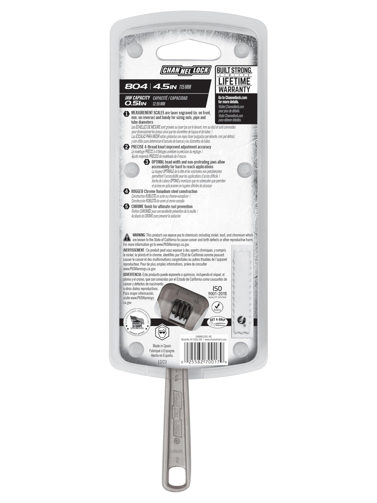 Channellock Adjustable Wrench Channel Lock 804 – Chrome Vanadium 4.5, Silver