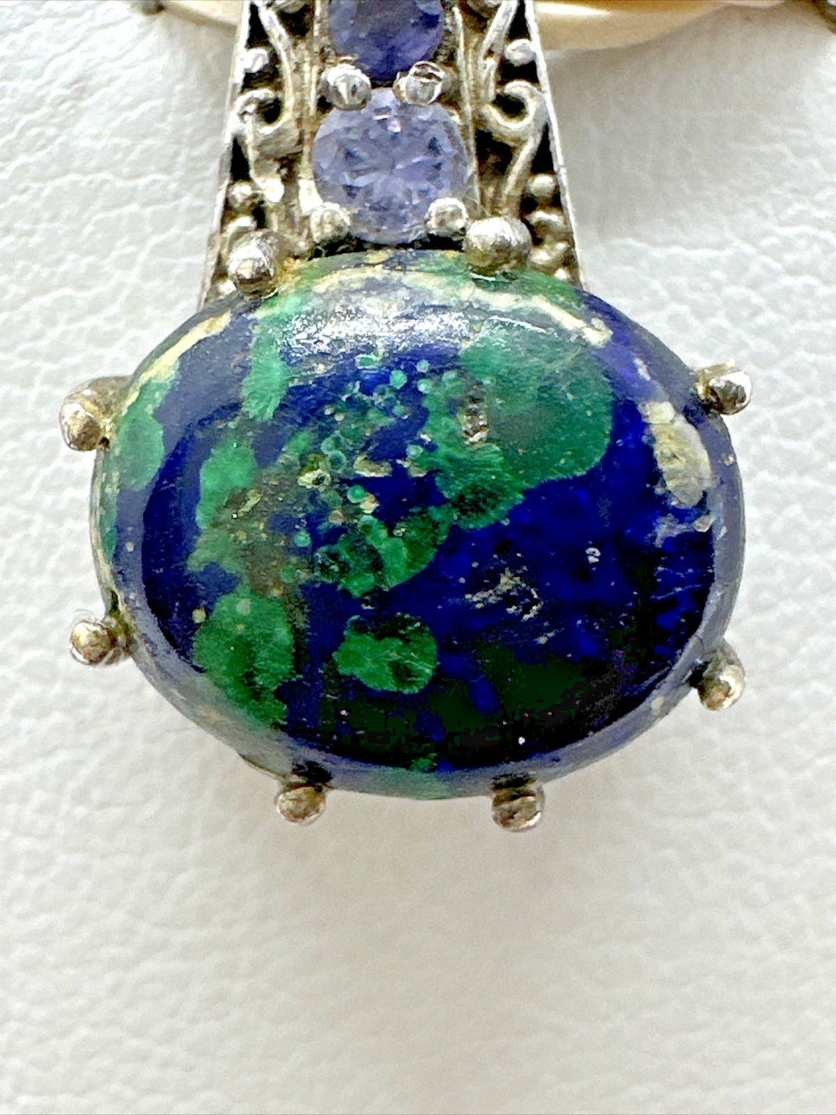Signed STS Sterling Silver Azure Malachite and Purple stone Pendant 3/4″ Beauty