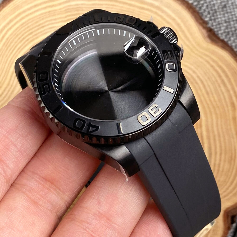 40mm Black PVD Sapphire Glass Watch Case Fit NH35A NH36A ETA2824 PT5000 Rubber