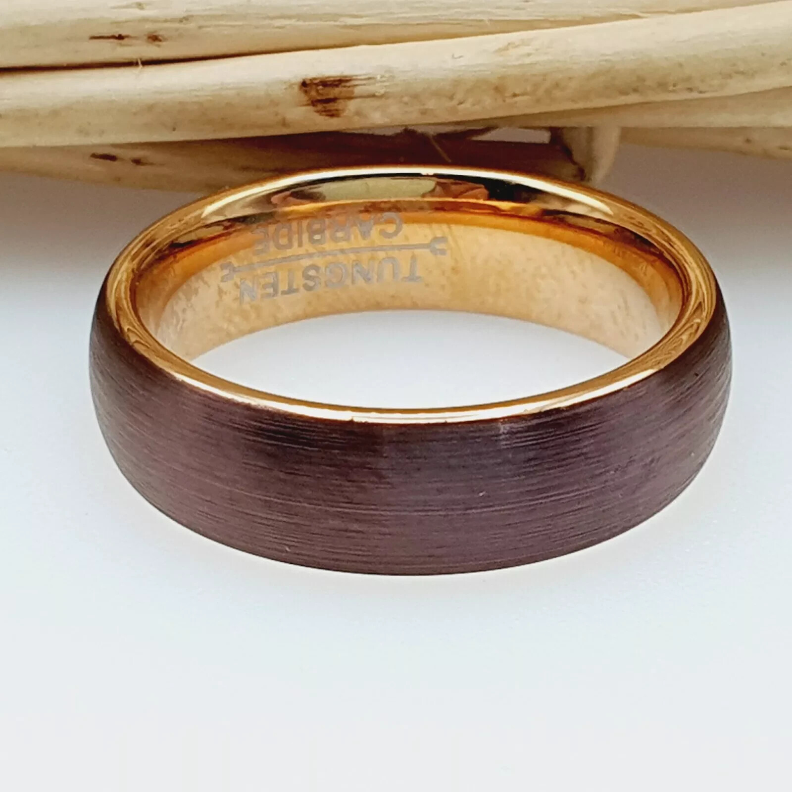 Brown & Rose Gold Tungsten Wedding Promise Rings Unique Brushed Matte Outside