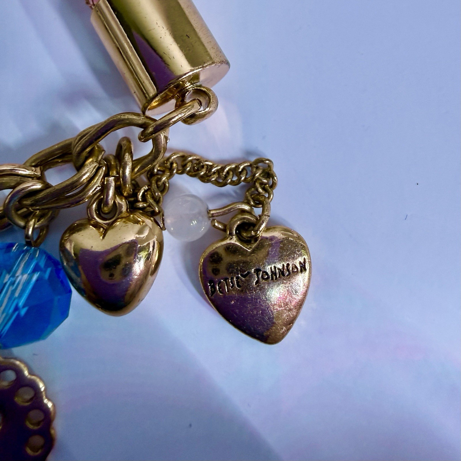 Betsey Johnson Vintage Rhinestone Heart Charm Bracelet Pink Mesh Gold Tone 7-9″