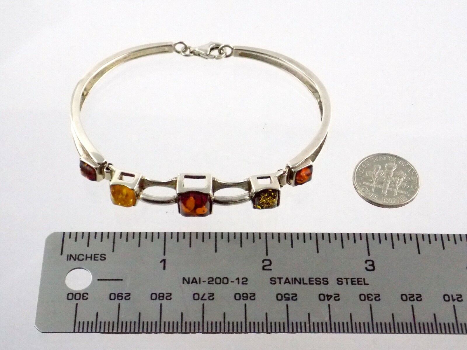 Sterling Silver Multi Color Amber Bangle Bracelet 925 7.75 In 13g Orange Green