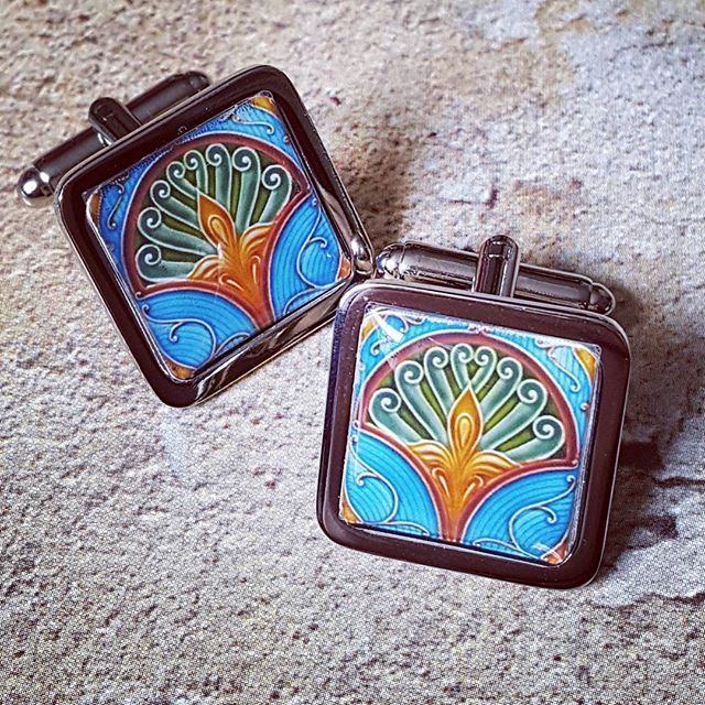 Unique FLOWER FAN CUFFLINKS chrome ART NOUVEAU deco TILE vintage GROOM wedding