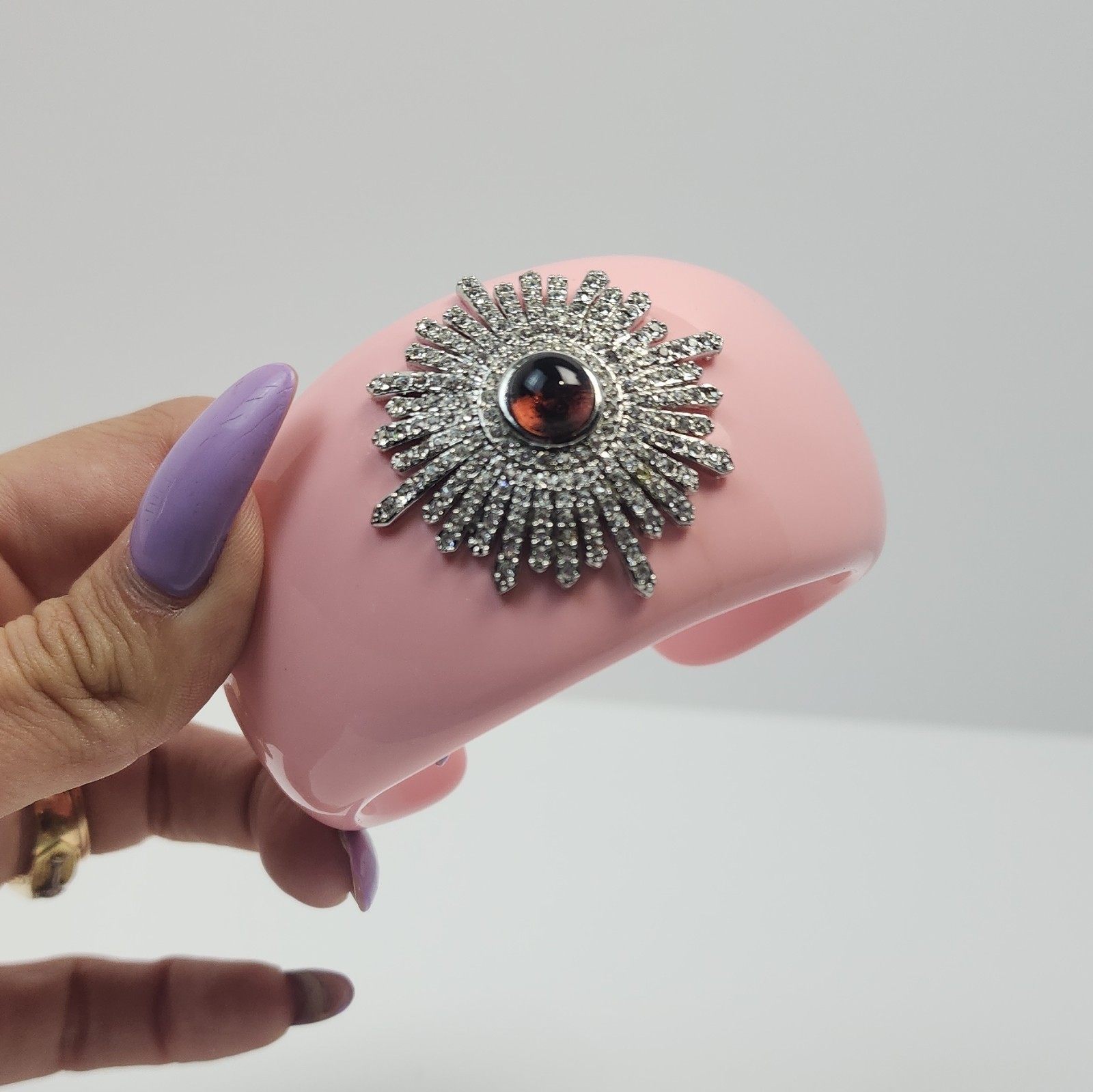 Pink Open Cuff Bracelet Silver-Tone Sunburst Rhinestones Red Cabochon Stone