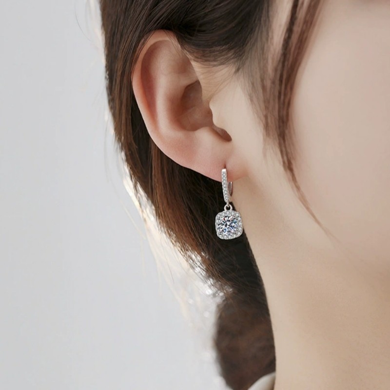 Shiny Elegant Huggie Drop Earrings with Cubic zirconia Inlaid Square Hanging