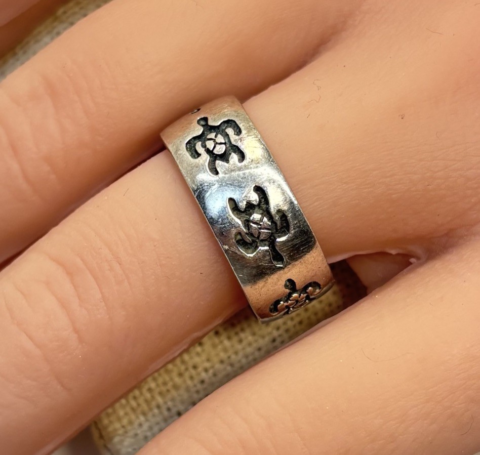 Vtg Peter Stone Sterling Silver 925 Turtle Theme 8mm Wide Band Ring Size 8.5