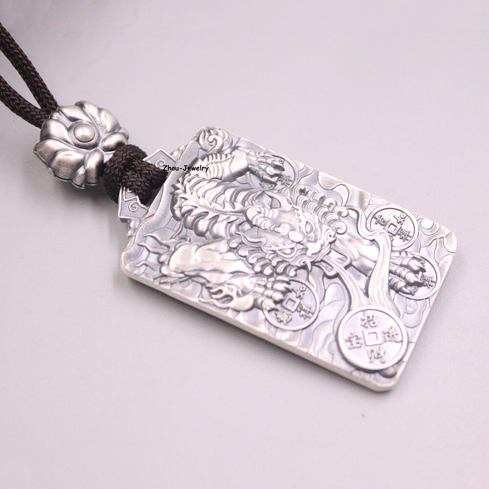 Pure S999 Fine Silver 999 Men Women Lucky Dragon Qilin Oblong Pendant 47*28mm
