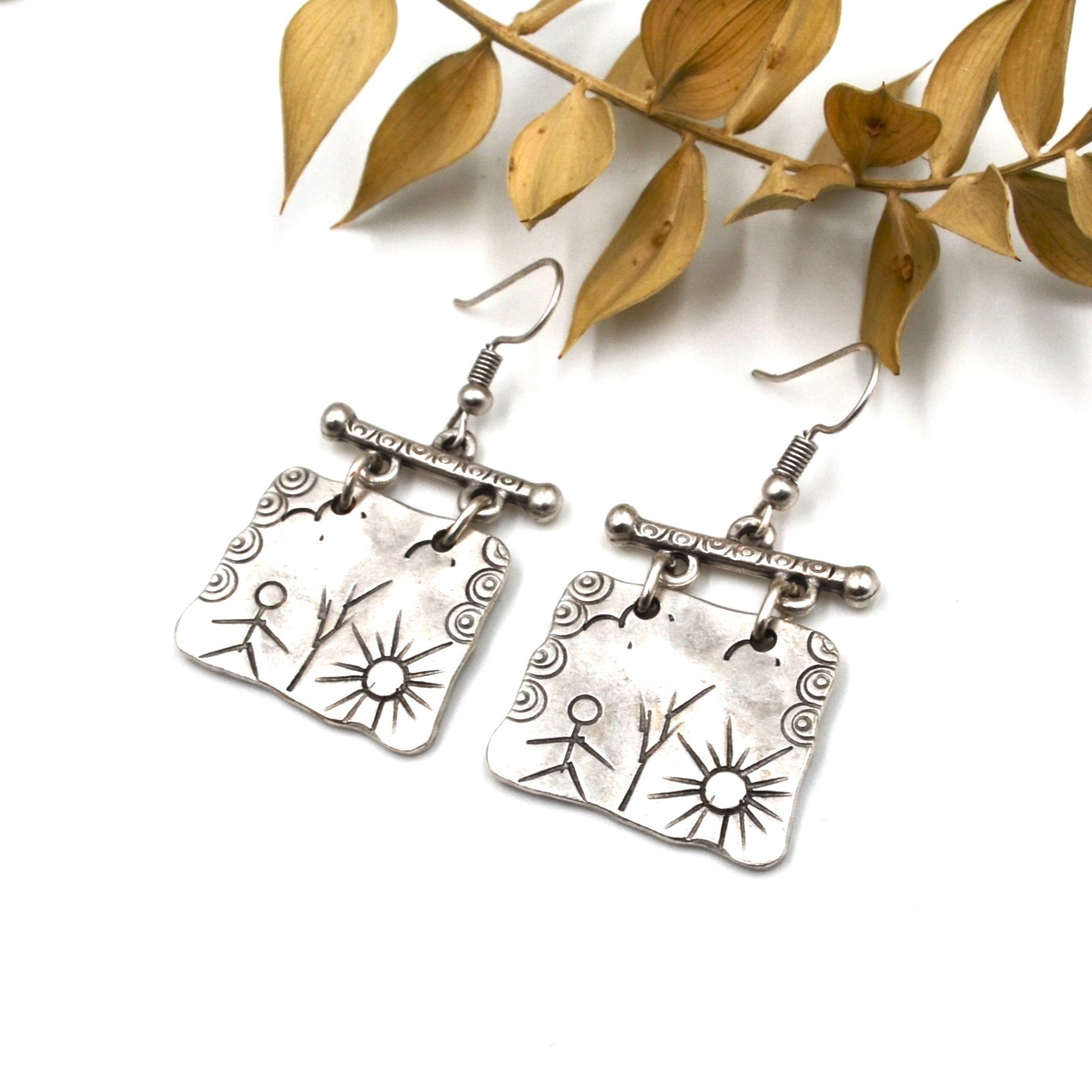 Lightweight Shamanic Silver Petroglyph Boho Dangle Stud Earrings Ancient