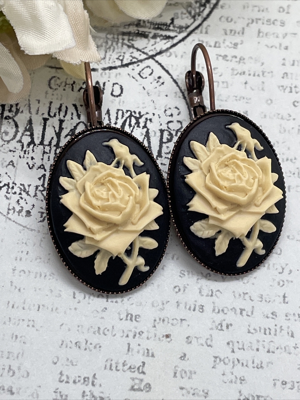 Rose Gold Brass Cream & Black Victorian Anniversary Earrings Cameo Birthday Gift