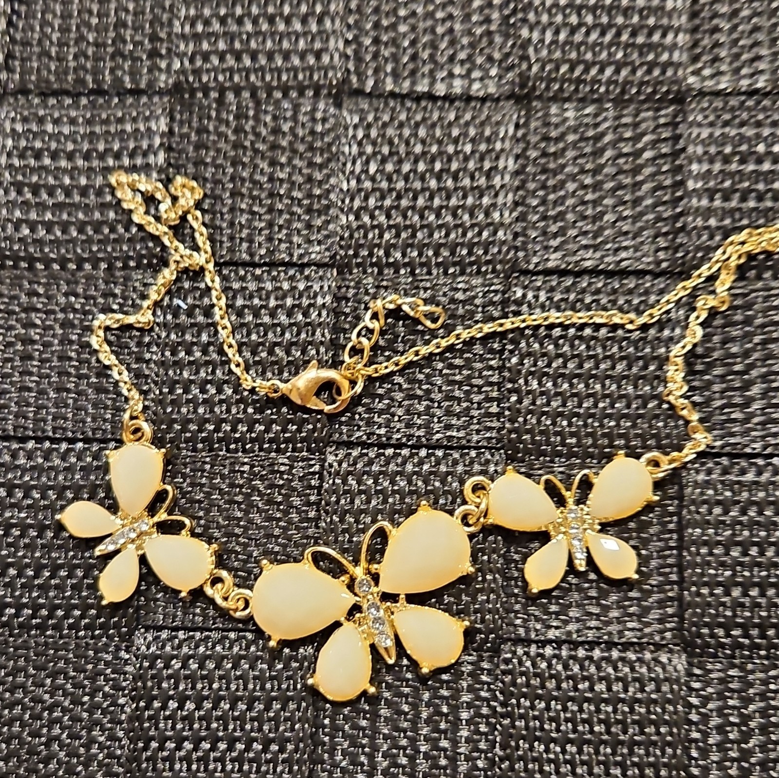 Gold Tone Butterfly Charm Pendant Necklace White Rhinestones, Lobster Clasp
