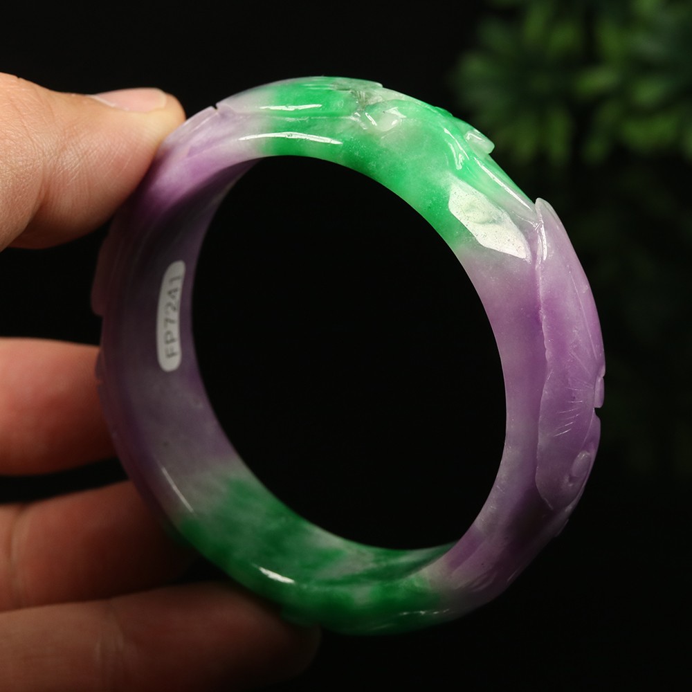 55mm Lavender Purple Green Jadeite Jade Bangle Bracelet Ruyi Fish Lotus A-14535