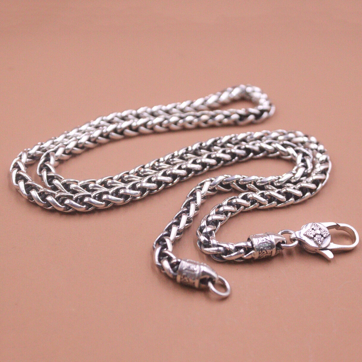 Pure S925 Sterling Silver Chain Women Men 5mm Round Wheat Link Necklace 22inchL