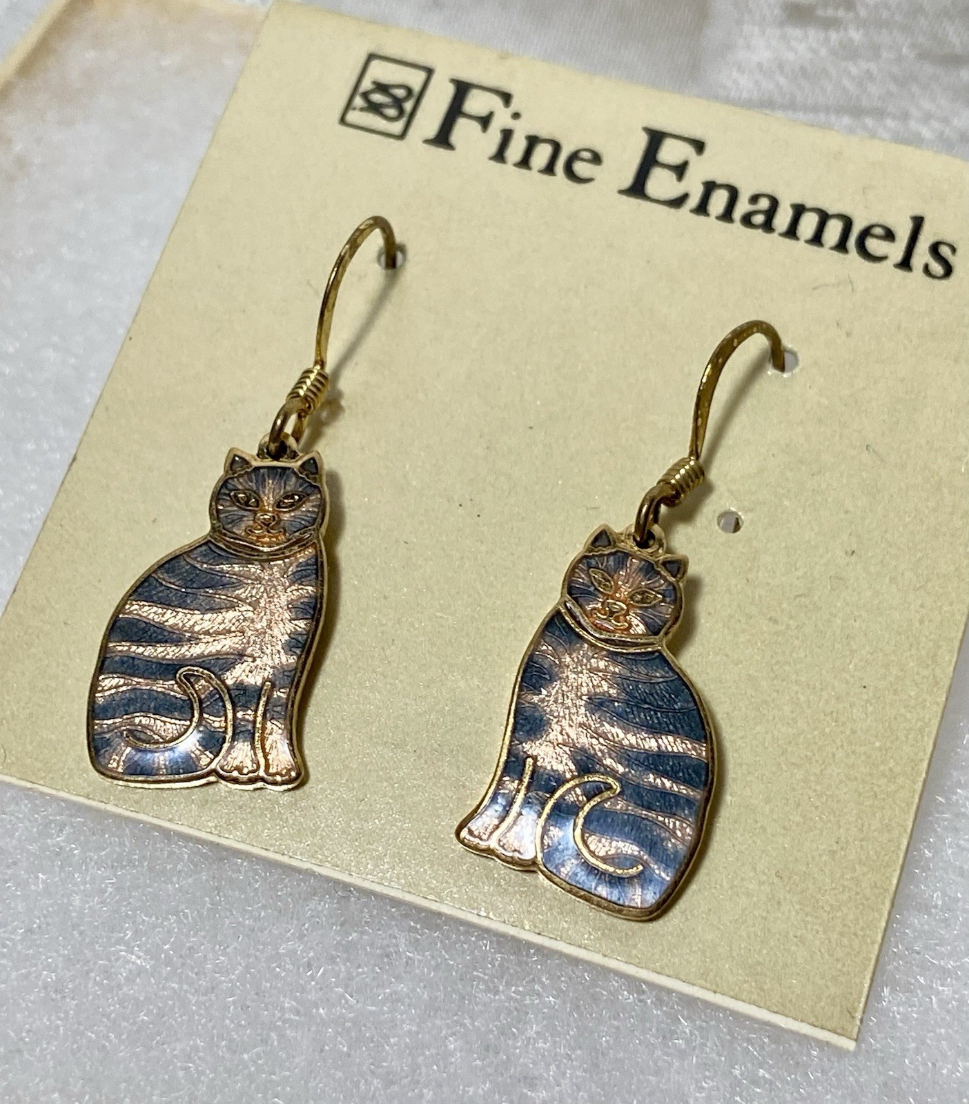 Blue Gold Purple Enamel Tabby Cat Earrings New W Original Box Gold Tone Dangle