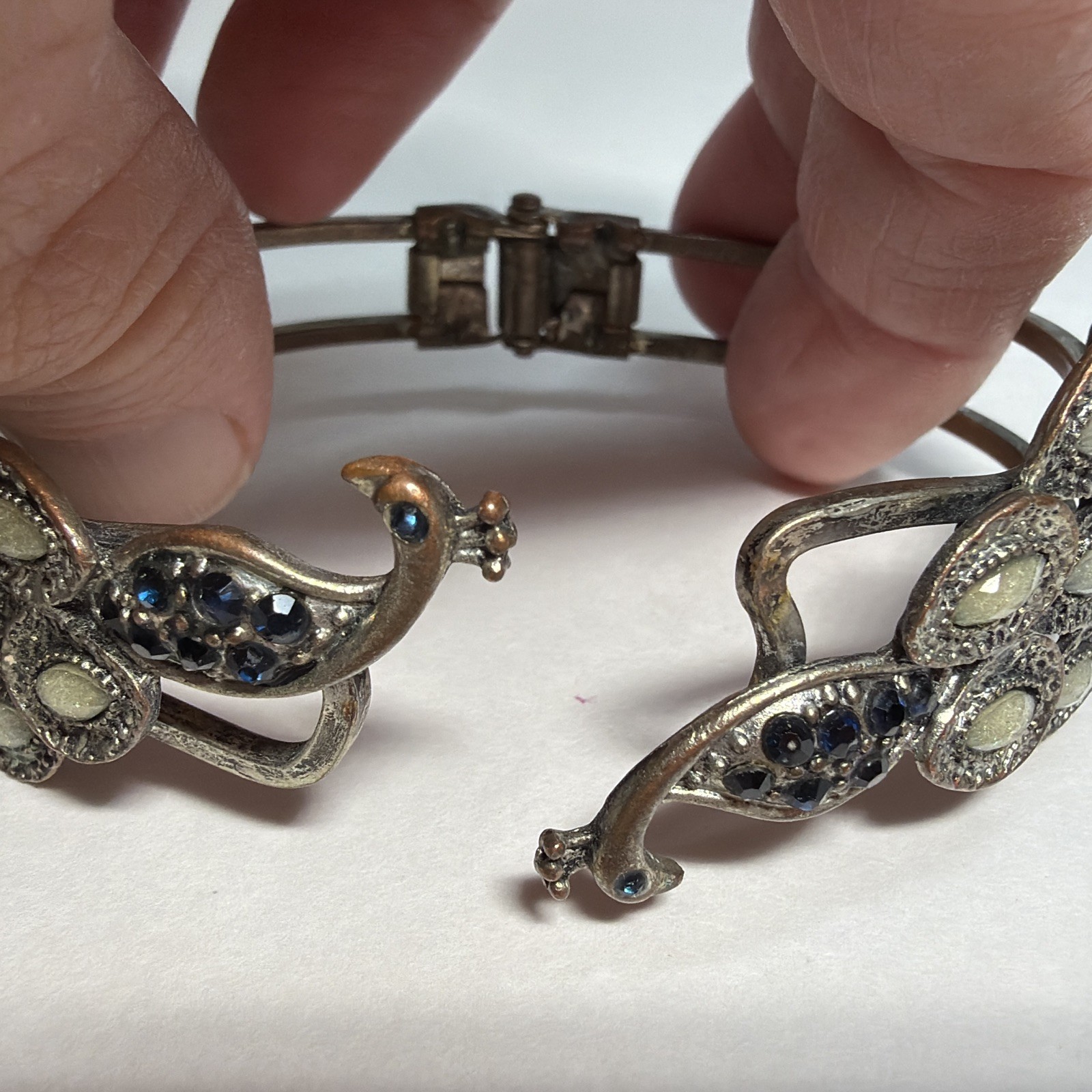 Vintage Peacock Motif Hinged/Cuff Bracelet with Faceted Stones Copper/Silver Mix