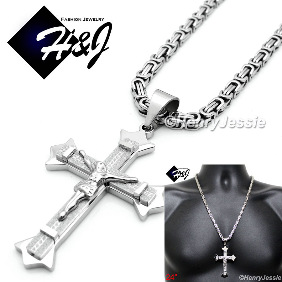24″MEN Stainless Steel 6mm Silver Byzantine Box Chain Necklace Cross Pendant*J28