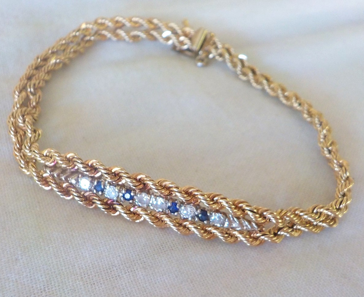 Solid 14K Yellow Gold Double Rope Sapphire Diamond Bracelet – 11.32 gms, 7.2 in