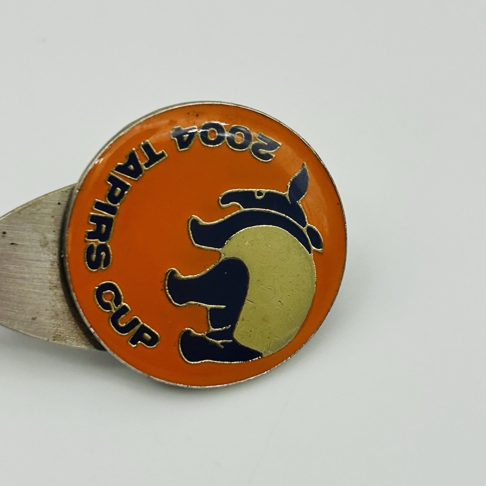 VINTAGE 2004 Tapirs Cup Tie Bar Pin Japan Silver Toned Orange Antique Logo Mens