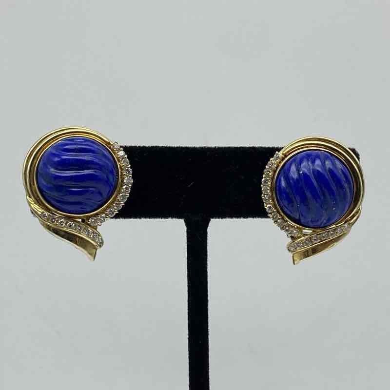 14K Yellow Gold Ribbed Blue Carved Stone & White Melee Sapphire Earrings 15.7g
