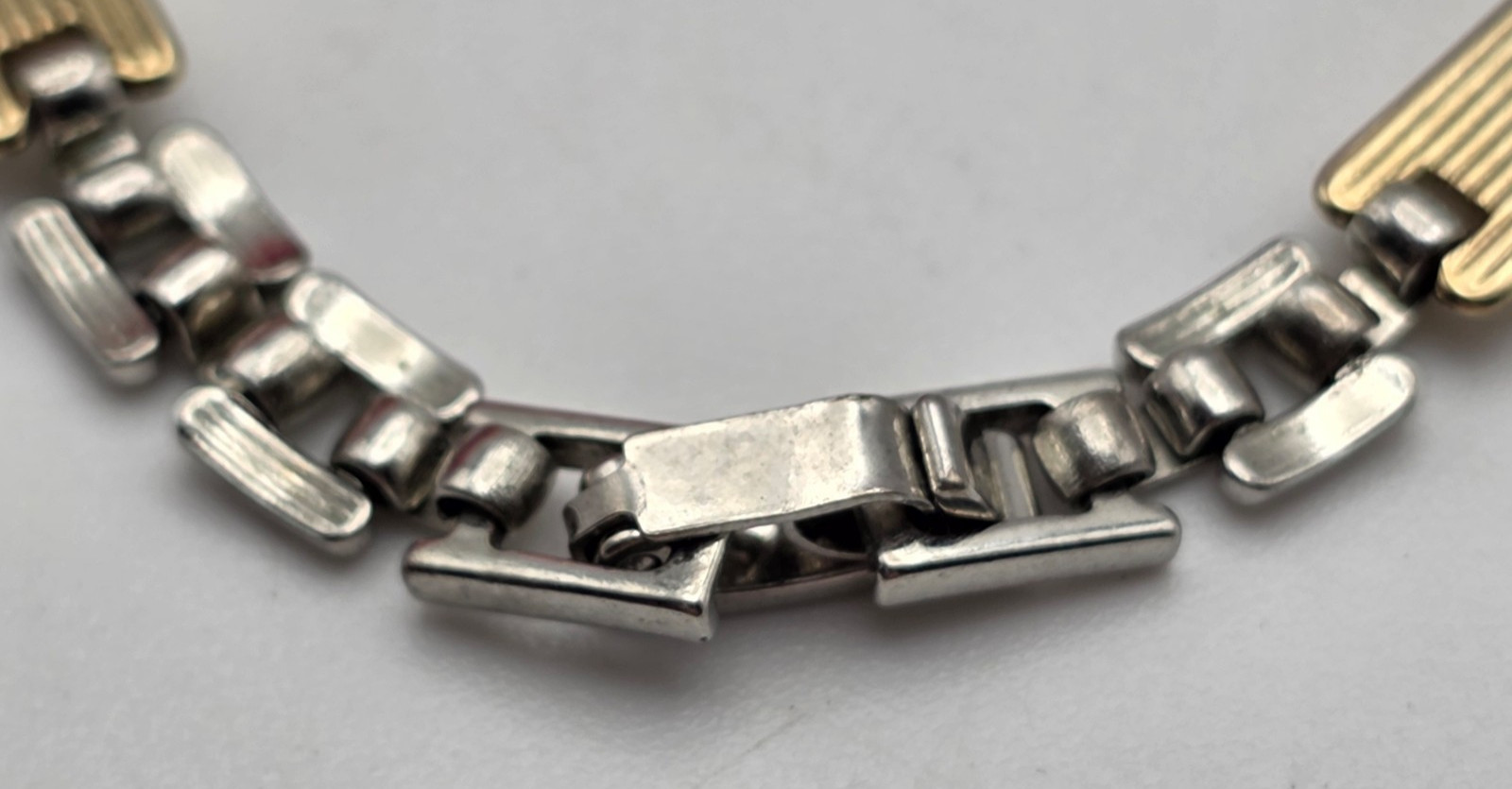 Two Tone Gold Silver Tone Bar Link Bracelet 7.25 In Hidden Fold Over Clasp
