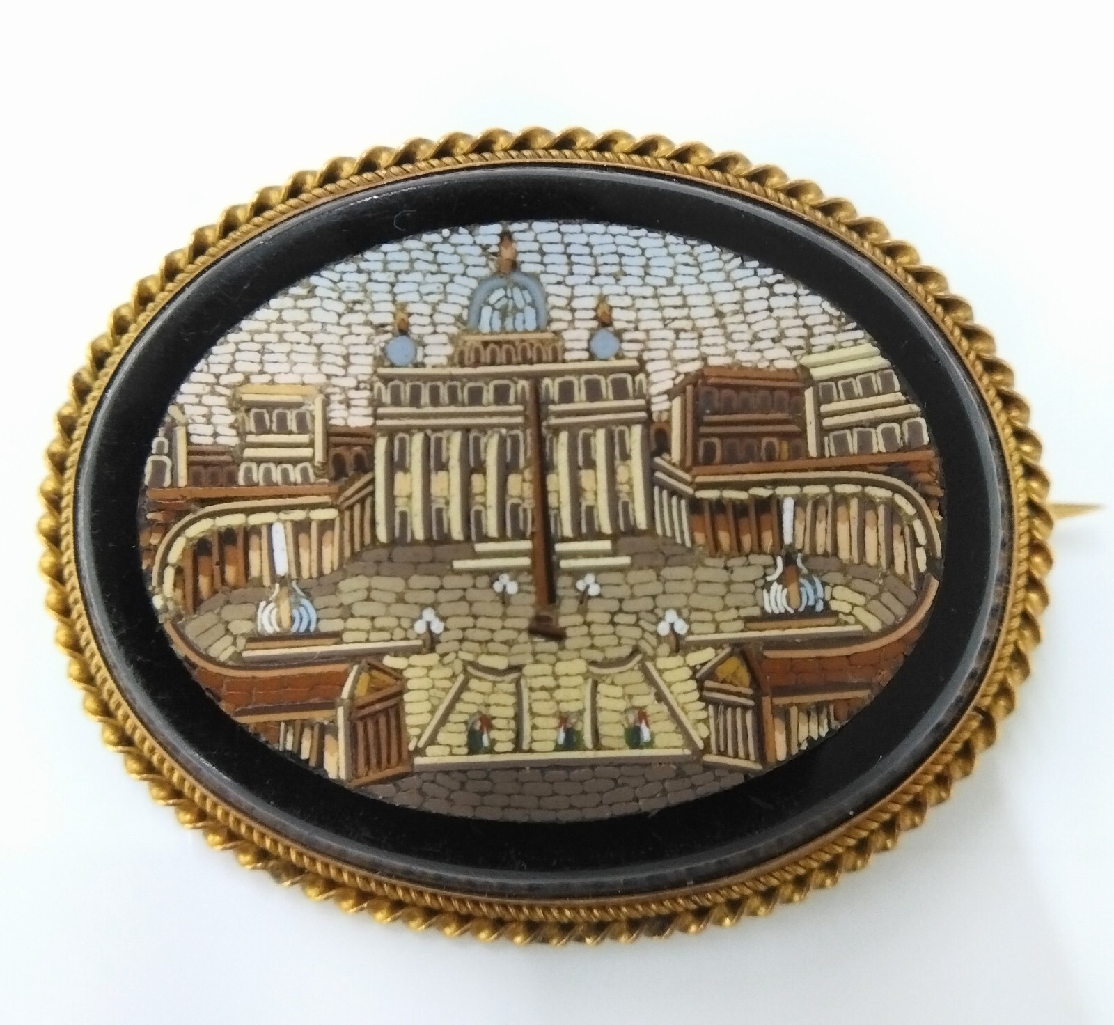 18K Yellow Gold Antique Victorian Gold Pietra Dura Italy Mosaic Pin Brooch FZZ