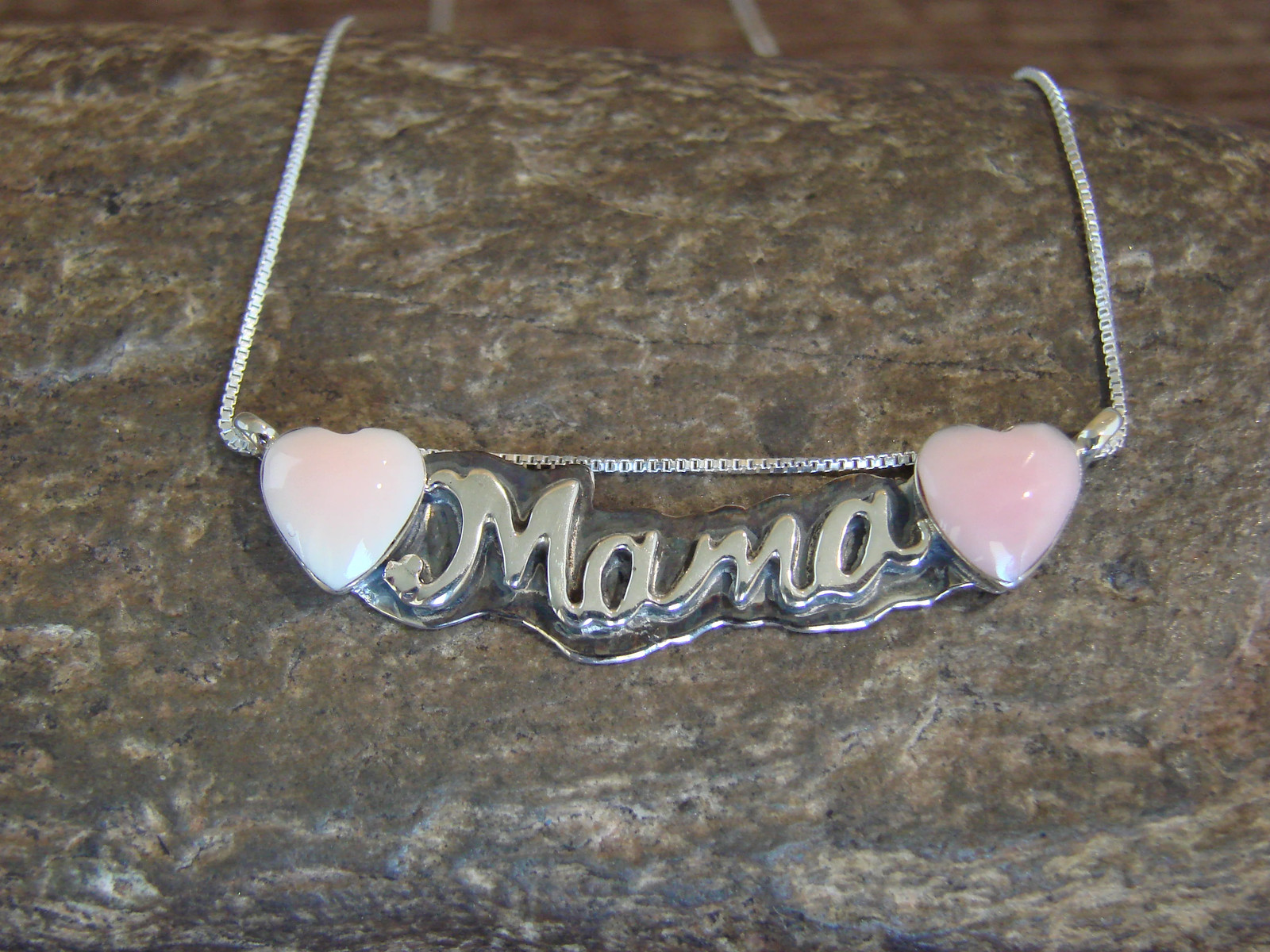 Native American Sterling Silver & Pink Heart Mama Necklace Signed Yazzie