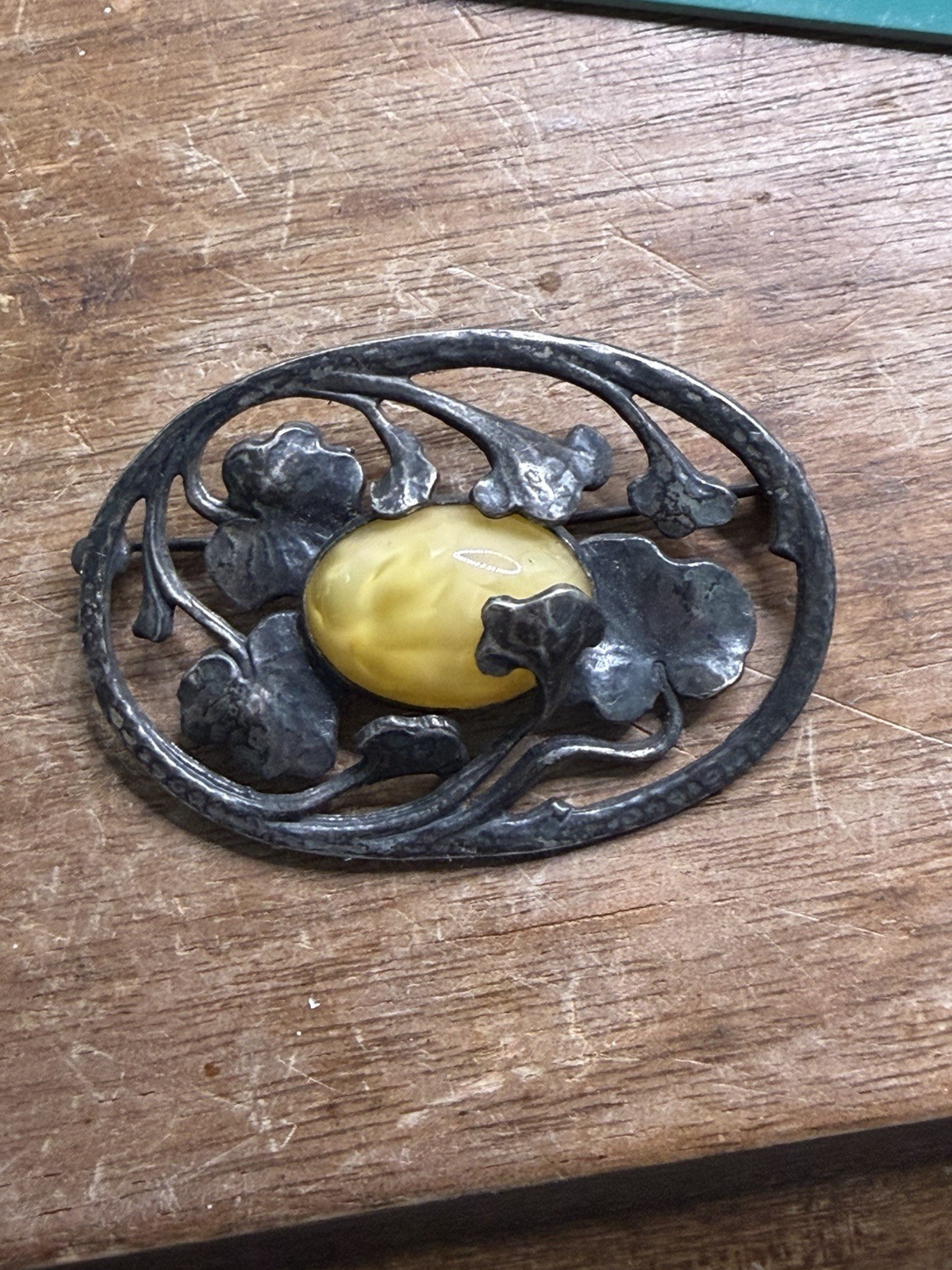 Vtg Art Nouveau 800 Silver Oval Cabochon Butterscotch Egg Yolk Amber Brooch Test