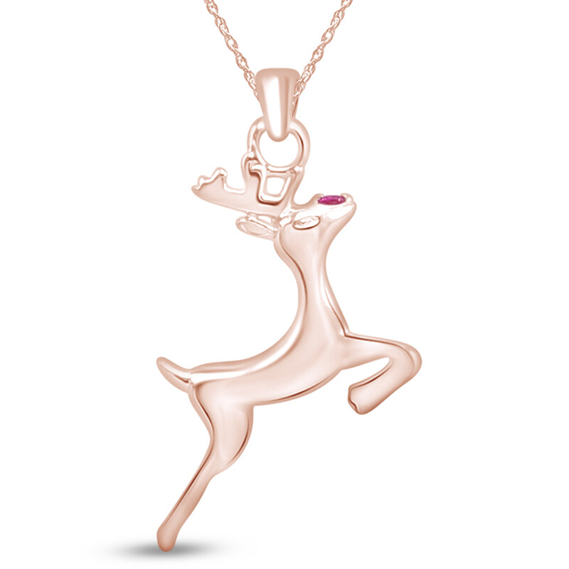 Ruby Reindeer Pendant & Chain 14k Rose Gold Plated