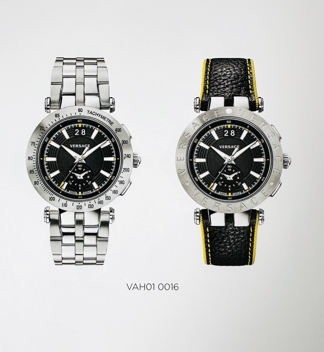 VERSACE WATCH STRAP , VAH , BLACK + YELLOW STITCHING YELLOW , TONGUE BUCKLE