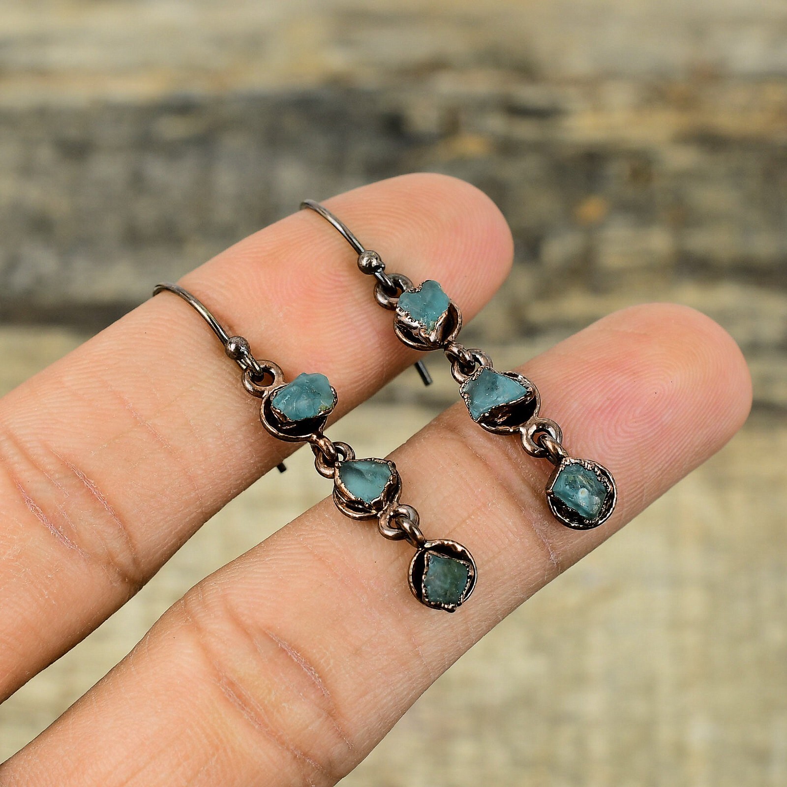 Aquamarine Rough Copper Bestie Gift Electroformed Drop/Dangle Earrings 1.77″