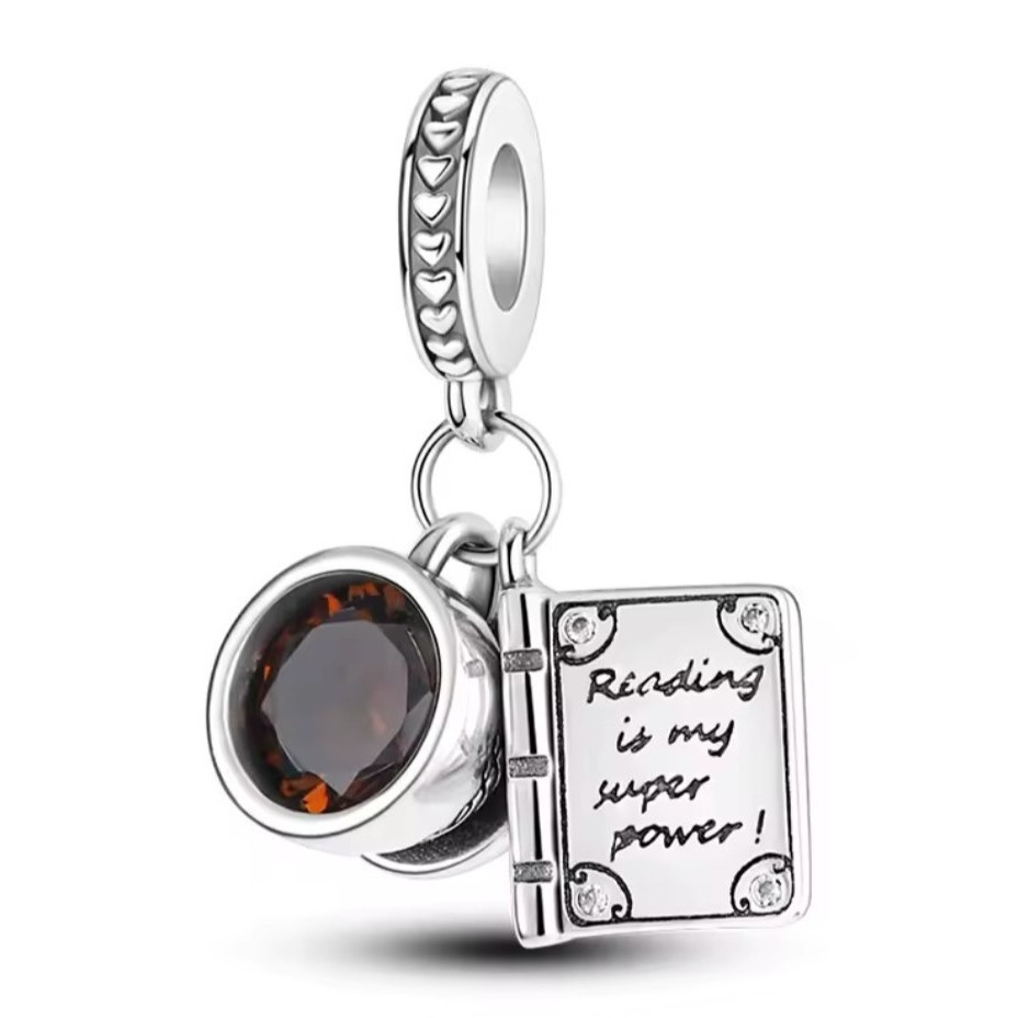 .925 Engraved Book Dangle Charm Bead Reading is My Super Power Brown