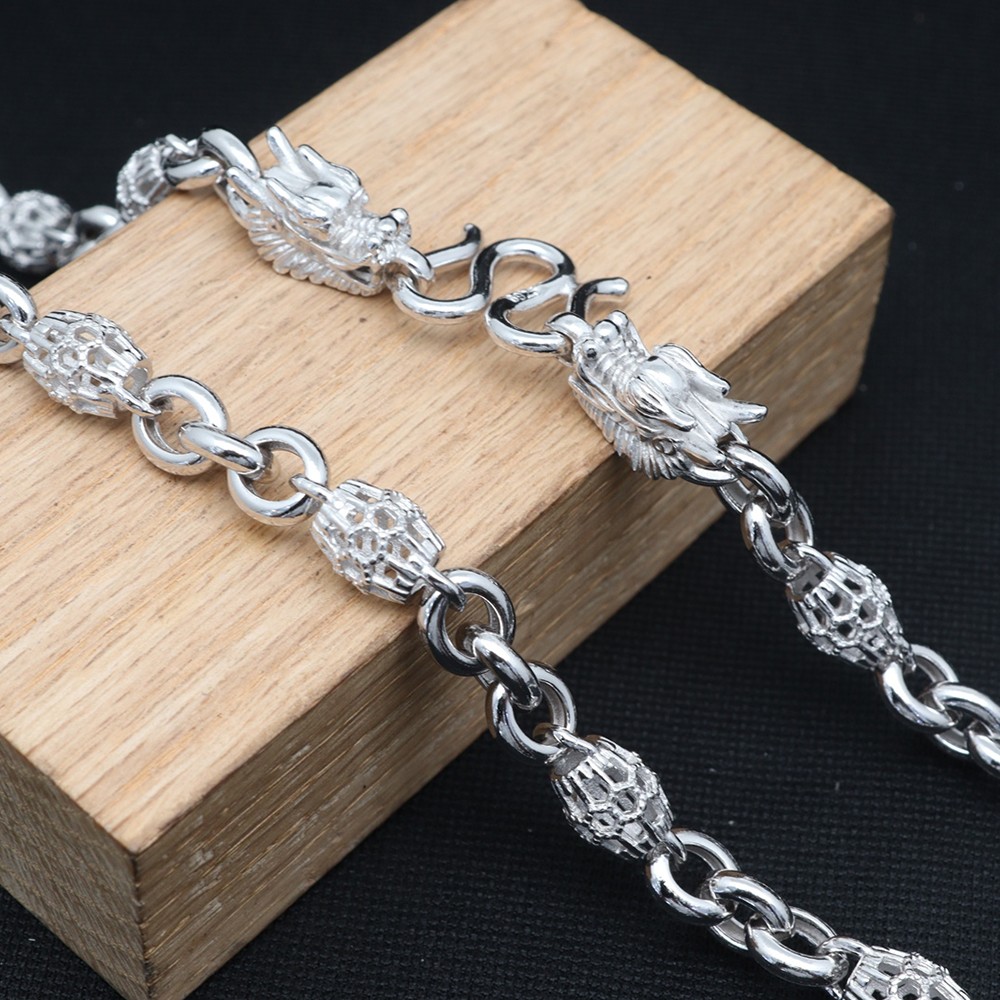 Pure S925 Sterling Silver Chain 6mm Barrel Beads Link Necklace 44-45g 21.6inch