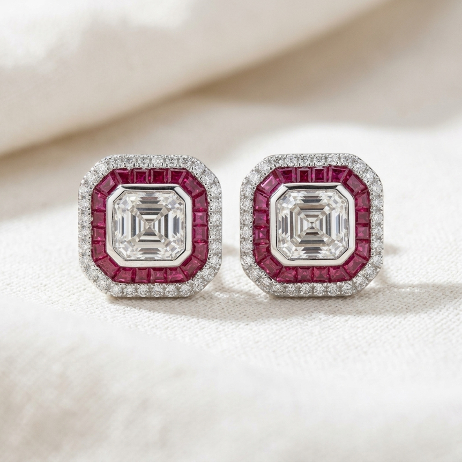14K Gold Bezel Set Pink Baguette & Asscher Cut Simulated Diamond Stud Earrings