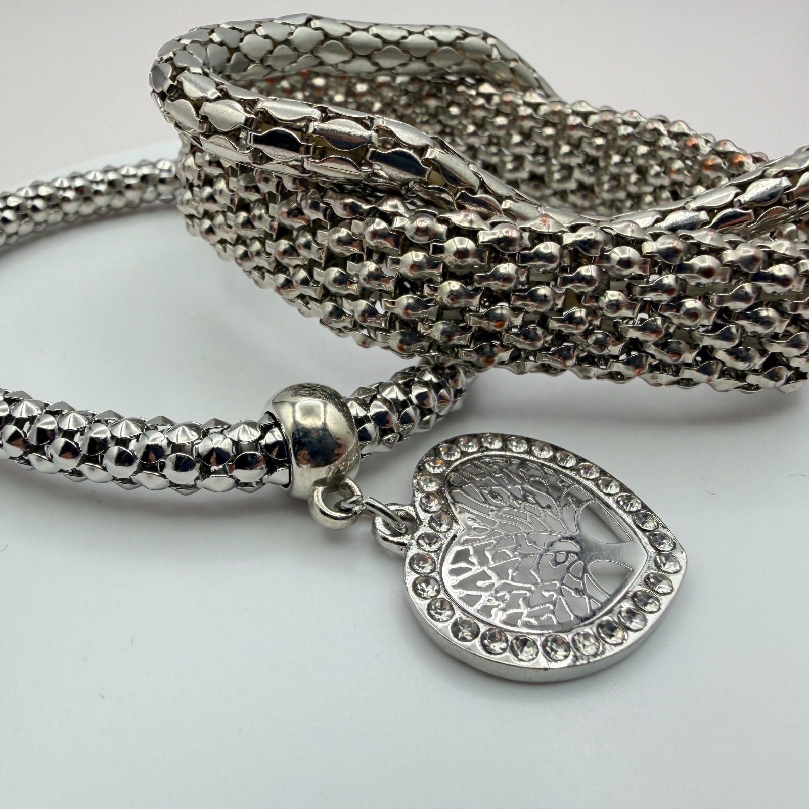 Vintage Y2K Silver Tone Tree of Life Heart Charm Mesh Bracelet Women’s Jewelry