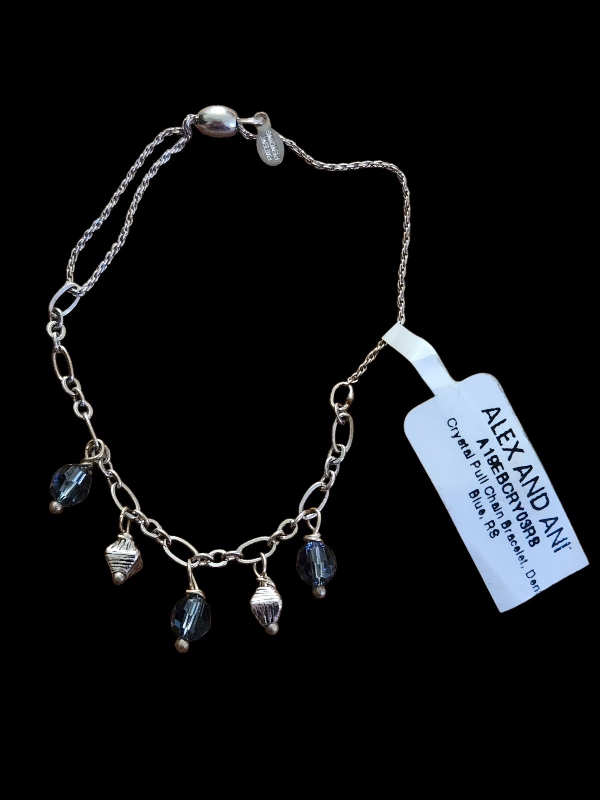NWT Alex And Ani Blue Crystal Pull Chain Silver Bracelet
