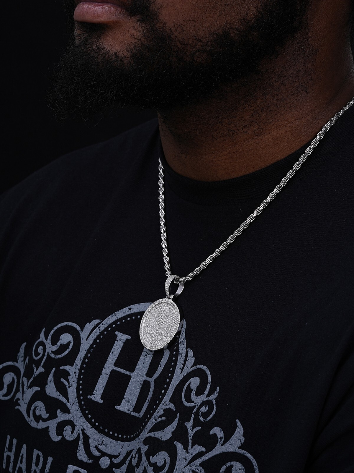 Solid 925 Silver Bling CZ Iced Round Hip Hop Dog Tag Medallion Pendant Necklace