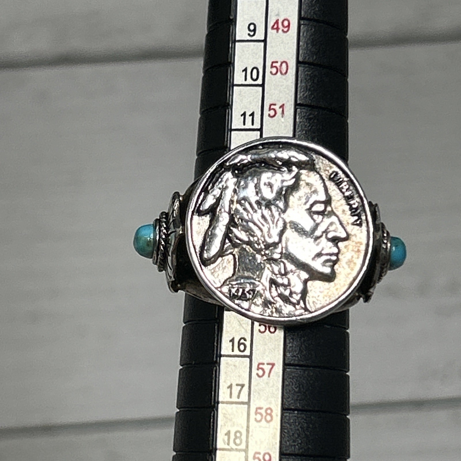Vintage Silver 925 Navajo 1937 Indian Head Nickle Turquoise Ring Signed BBJ Sz 7