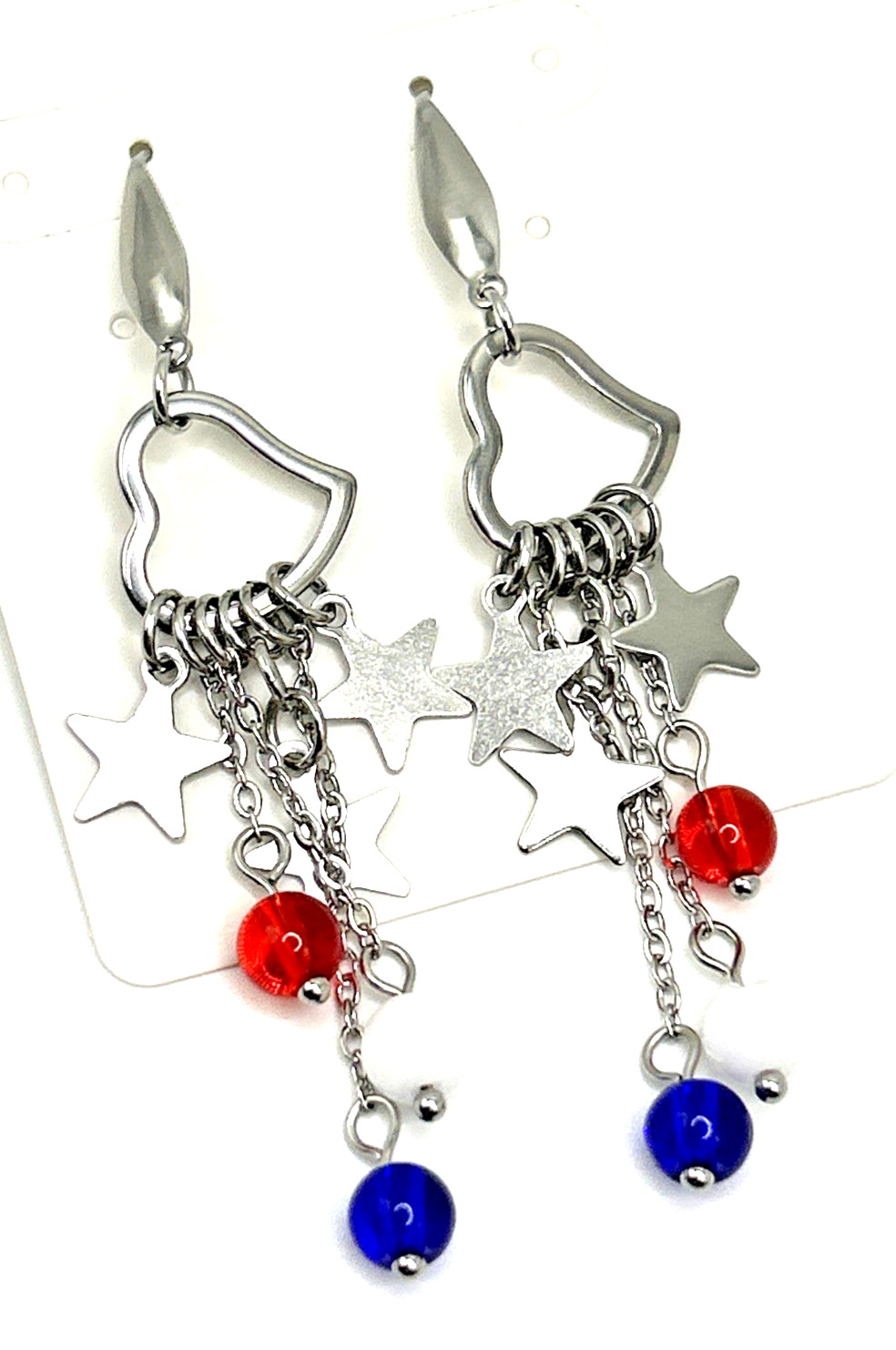 Hearts & Stars Red, White, & Blue Stainless Dangle Earrings USA 250th Patriotic